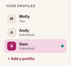 A sidebar list of saved profiles: one marked You, and two more marked Individual.