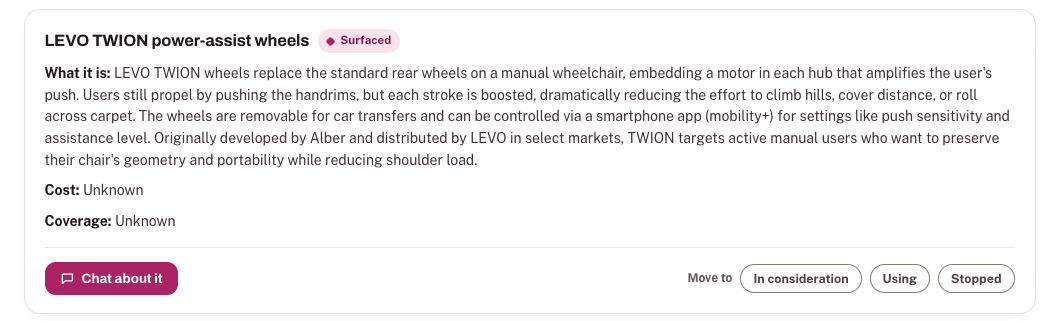 A saved product card for LEVO TWION power-assist wheels, with its Chat about it button highlighted.